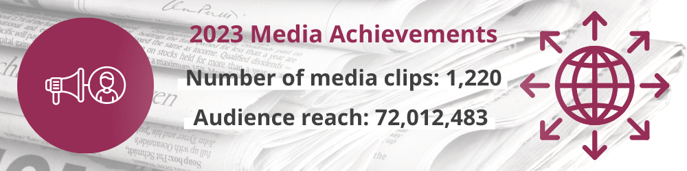 graphic showing the 2023 media achievements of 1,220 media clips and an audience reach of 72,012,483